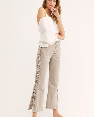 COFFEE CANVAS LACED UP LIBERTINES HIGH WAISTED CROPPED JEANS