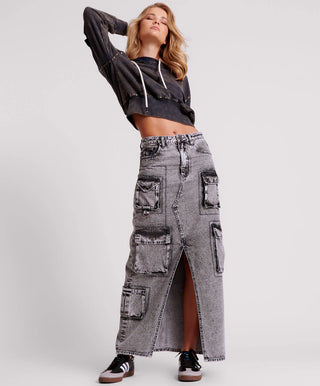 SLATE ACID 90S CARGO POCKET COLUMN DENIM SKIRT