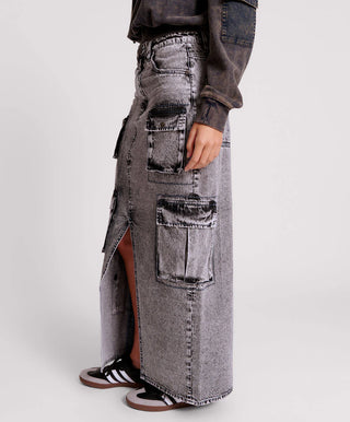 SLATE ACID 90S CARGO POCKET COLUMN DENIM SKIRT