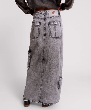 SLATE ACID 90S CARGO POCKET COLUMN DENIM SKIRT