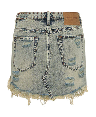 BLUE DUST STUDDED JUNKYARD LOW WAIST DENIM SKIRT