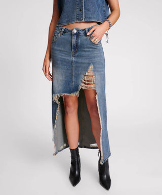 MEMPHIS HIGH WAIST SHREDDED MAXI SKIRT