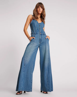 GRITTY BLUE FREIDA FIT N FLARE DENIM JUMPSUIT