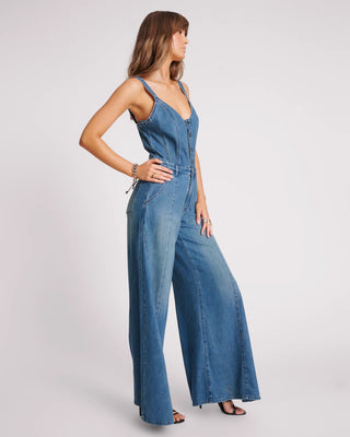 GRITTY BLUE FREIDA FIT N FLARE DENIM JUMPSUIT