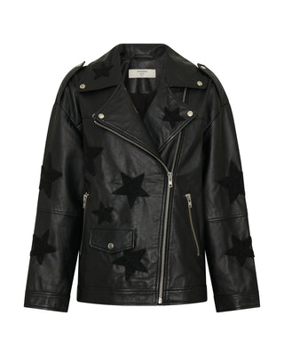 Biker Boyfriend Embellished Moto Leather Jacket - Black Star