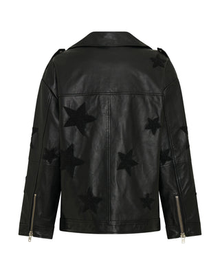 Biker Boyfriend Embellished Moto Leather Jacket - Black Star