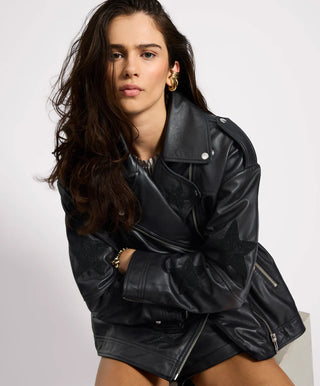 Biker Boyfriend Embellished Moto Leather Jacket - Black Star