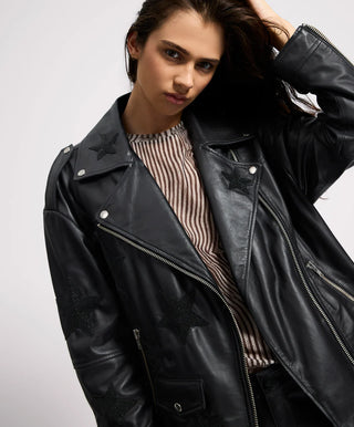 Biker Boyfriend Embellished Moto Leather Jacket - Black Star