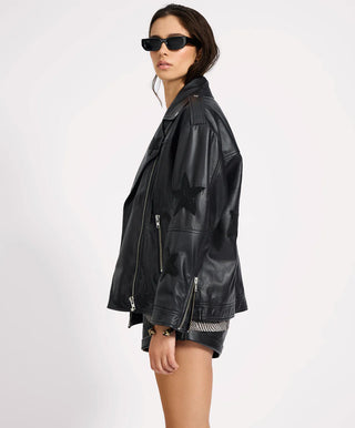 Biker Boyfriend Embellished Moto Leather Jacket - Black Star