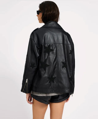 Biker Boyfriend Embellished Moto Leather Jacket - Black Star