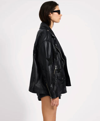 Biker Boyfriend Embellished Moto Leather Jacket - Black Star