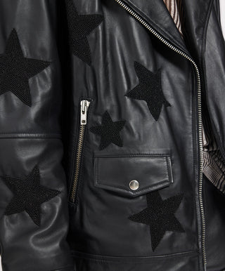 Biker Boyfriend Embellished Moto Leather Jacket - Black Star