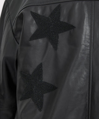 Biker Boyfriend Embellished Moto Leather Jacket - Black Star