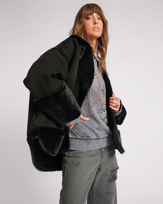 FAUX SHEARLING BLACK AVIATOR COAT