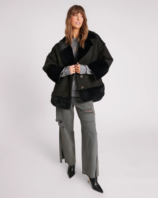 FAUX SHEARLING BLACK AVIATOR COAT