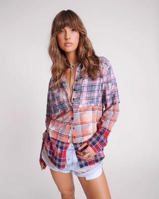 DISTRESSED MIXED FLANNEL SHIRT