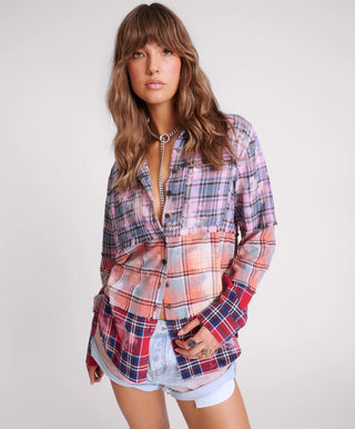 DISTRESSED MIXED FLANNEL SHIRT