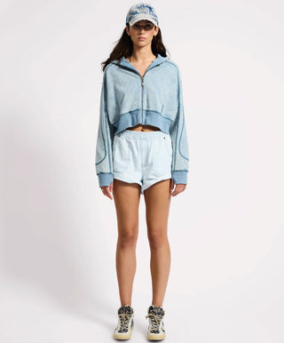Cropped Fleece Zip Hoody - Washed Blue