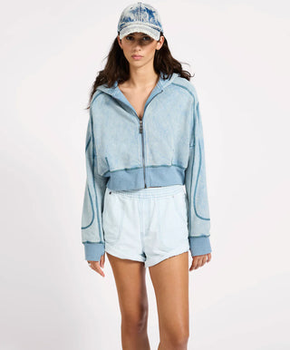 Cropped Fleece Zip Hoody - Washed Blue