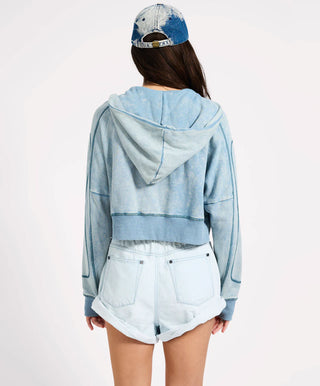 Cropped Fleece Zip Hoody - Washed Blue