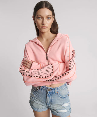 Studded Cropped Sweater Hoody - Candy Coral Pink