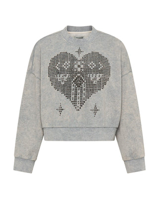 Studded Heart Grey Cropped Sweater - Grey Marl