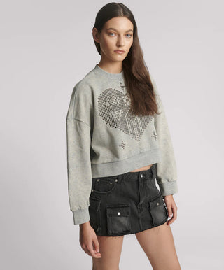 Studded Heart Grey Cropped Sweater - Grey Marl