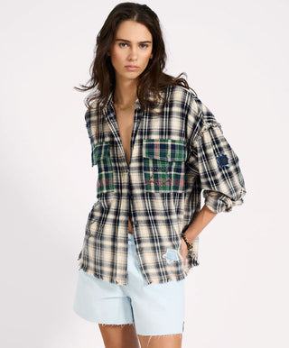Flannel Star Studded Shirt - Cream Blue Check