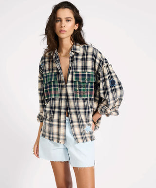 Flannel Star Studded Shirt - Cream Blue Check