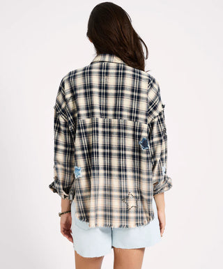 Flannel Star Studded Shirt - Cream Blue Check
