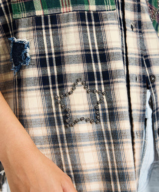 Flannel Star Studded Shirt - Cream Blue Check