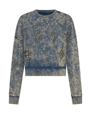 Fleece Cropped Star Studded Sweater - Acid Wash Blue