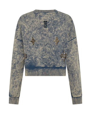 Fleece Cropped Star Studded Sweater - Acid Wash Blue
