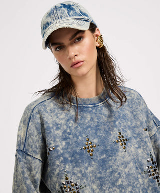 Fleece Cropped Star Studded Sweater - Acid Wash Blue