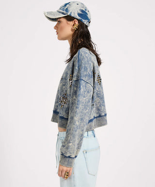 Fleece Cropped Star Studded Sweater - Acid Wash Blue