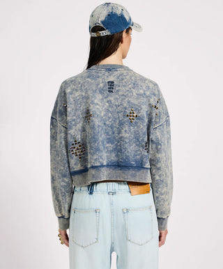 Fleece Cropped Star Studded Sweater - Acid Wash Blue