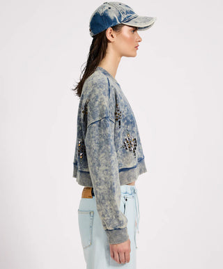 Fleece Cropped Star Studded Sweater - Acid Wash Blue