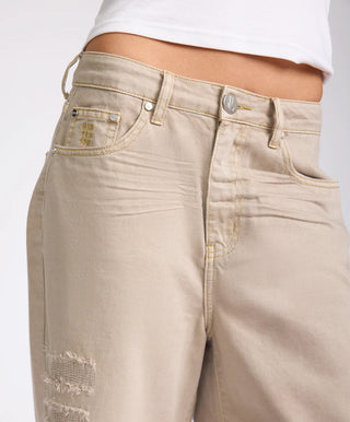 720'S Mid Waist Super Long Length Denim Shorts - Stone