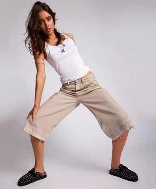 720'S Mid Waist Super Long Length Denim Shorts - Stone