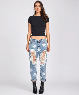 Saints Low Waist Boyfriend Denim Jeans - Starwash Blue