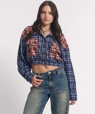Flannel Bubble Hem Cropped Shirt - Navy Check