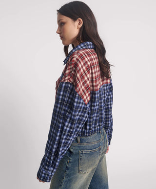 Flannel Bubble Hem Cropped Shirt - Navy Check