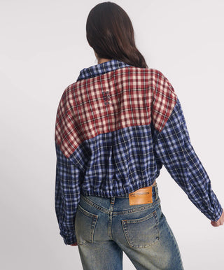 Flannel Bubble Hem Cropped Shirt - Navy Check