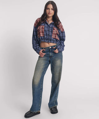 Flannel Bubble Hem Cropped Shirt - Navy Check