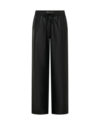 Roadhouse Mid Waist Wide Leg Drawstring Leather Pants - Black