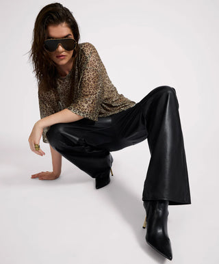 Roadhouse Mid Waist Wide Leg Drawstring Leather Pants - Black