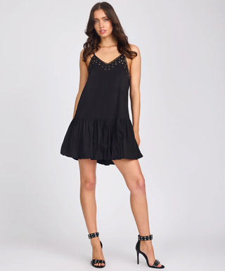 Eyelet Cotton Bubble Hem Mini Dress - Black