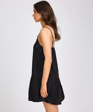 Eyelet Cotton Bubble Hem Mini Dress - Black