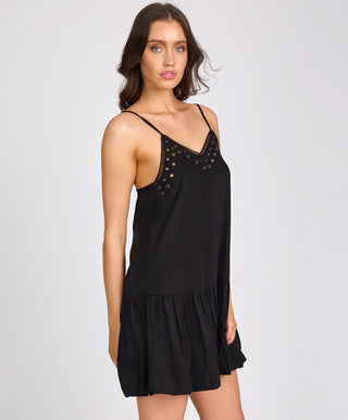 Eyelet Cotton Bubble Hem Mini Dress - Black