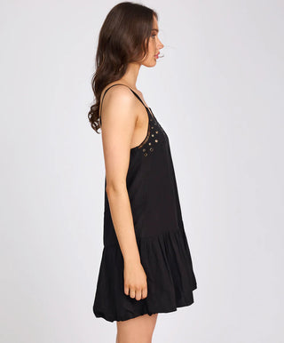 Eyelet Cotton Bubble Hem Mini Dress - Black